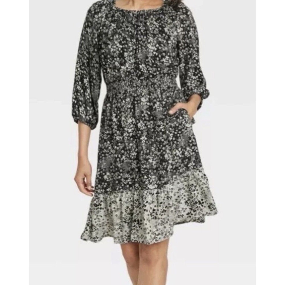 Knox Rose Women’s 3/4 Sleeve Smocked A-Line Dress Black Muted Green Floral L